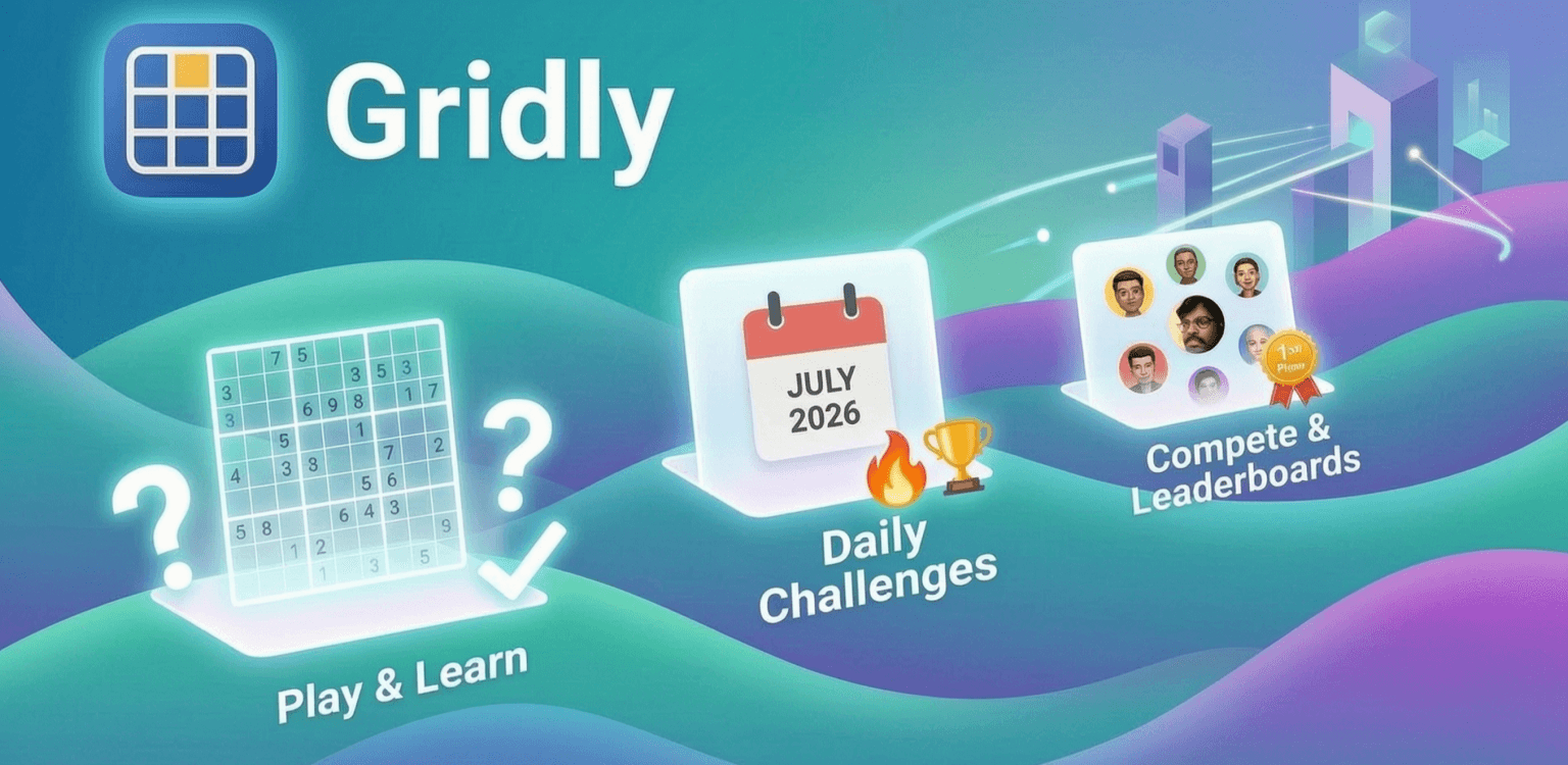 Gridly promo artwork — sudoku puzzle, daily challenges, and leaderboards