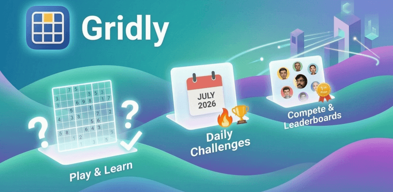 Gridly promo artwork — sudoku puzzle, daily challenges, and leaderboards