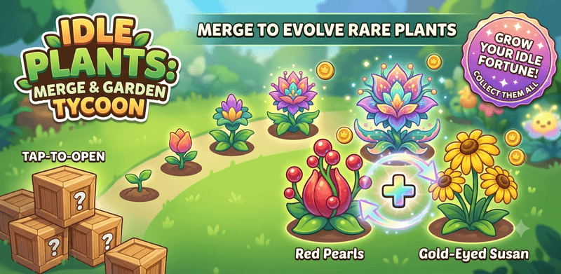 Idle Plants: Merge & Garden promo artwork — merging flowers to evolve rare plants