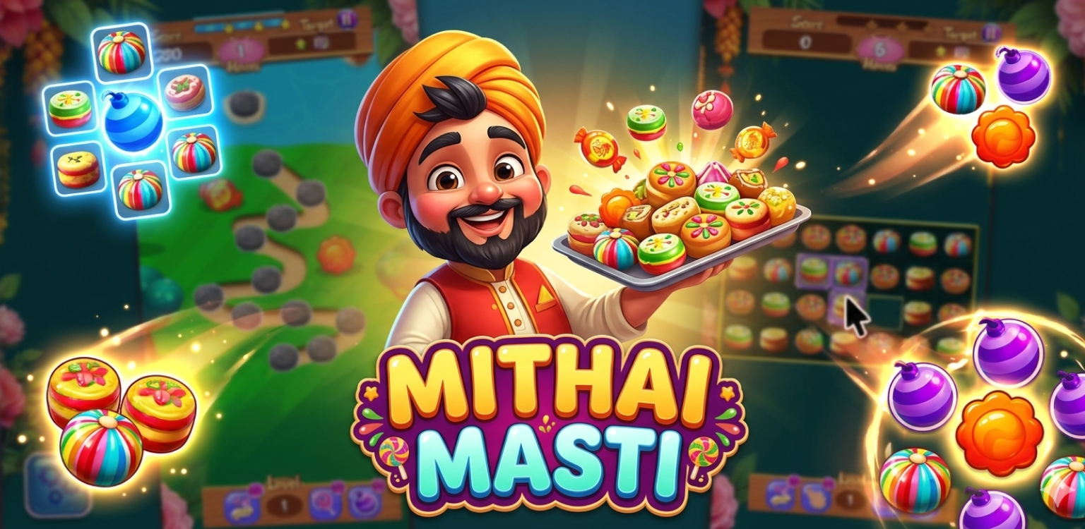 Mithai Masti: Sweet Match Game promo artwork — chef character with a tray of Indian sweets