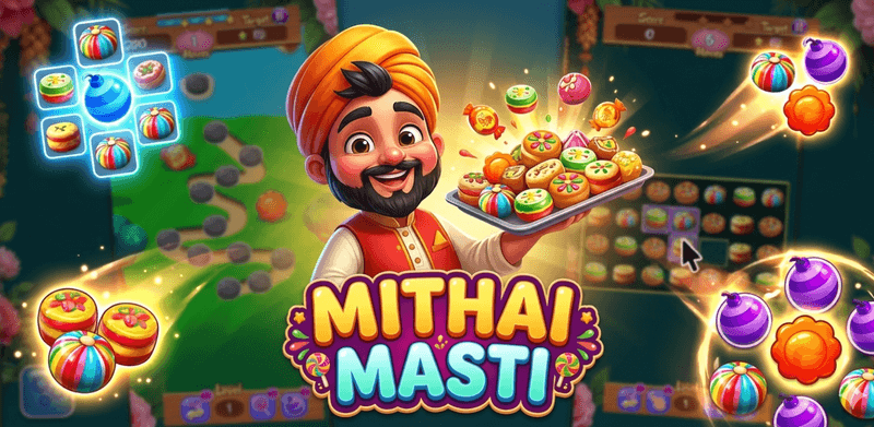 Mithai Masti: Sweet Match Game promo artwork — chef character with a tray of Indian sweets