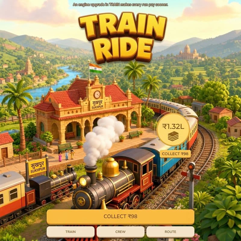 Train Ride promo artwork — Sukhpur station, steam train, and route-building UI