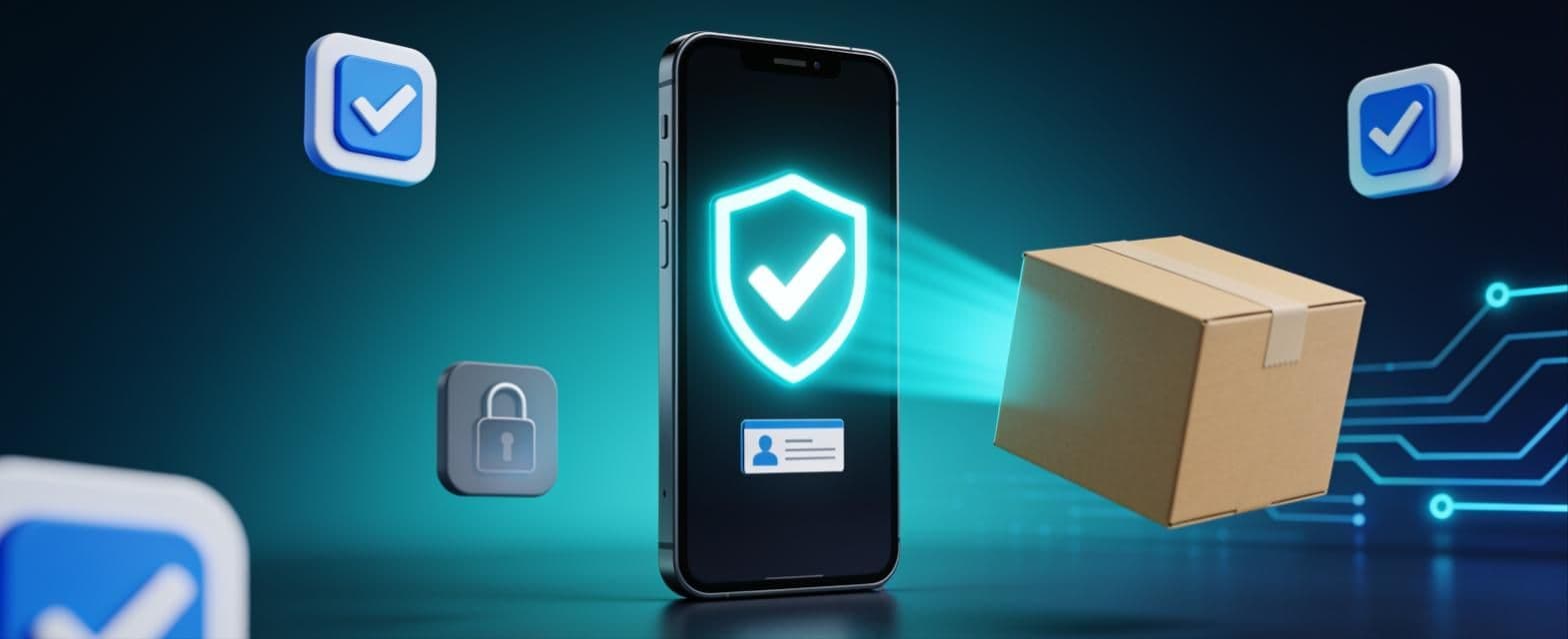 Illustration of a smartphone showing a verified shield and ID card, scanning an incoming app package, surrounded by verified and locked app icons