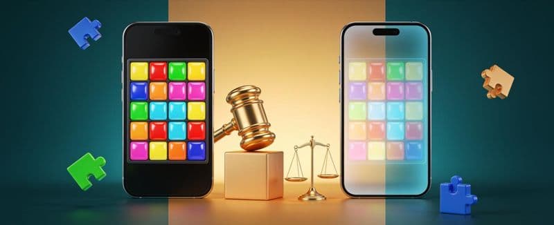 Illustration of two smartphones showing block puzzle boards, one original and one faded copy, with a judge's gavel and scales of justice between them