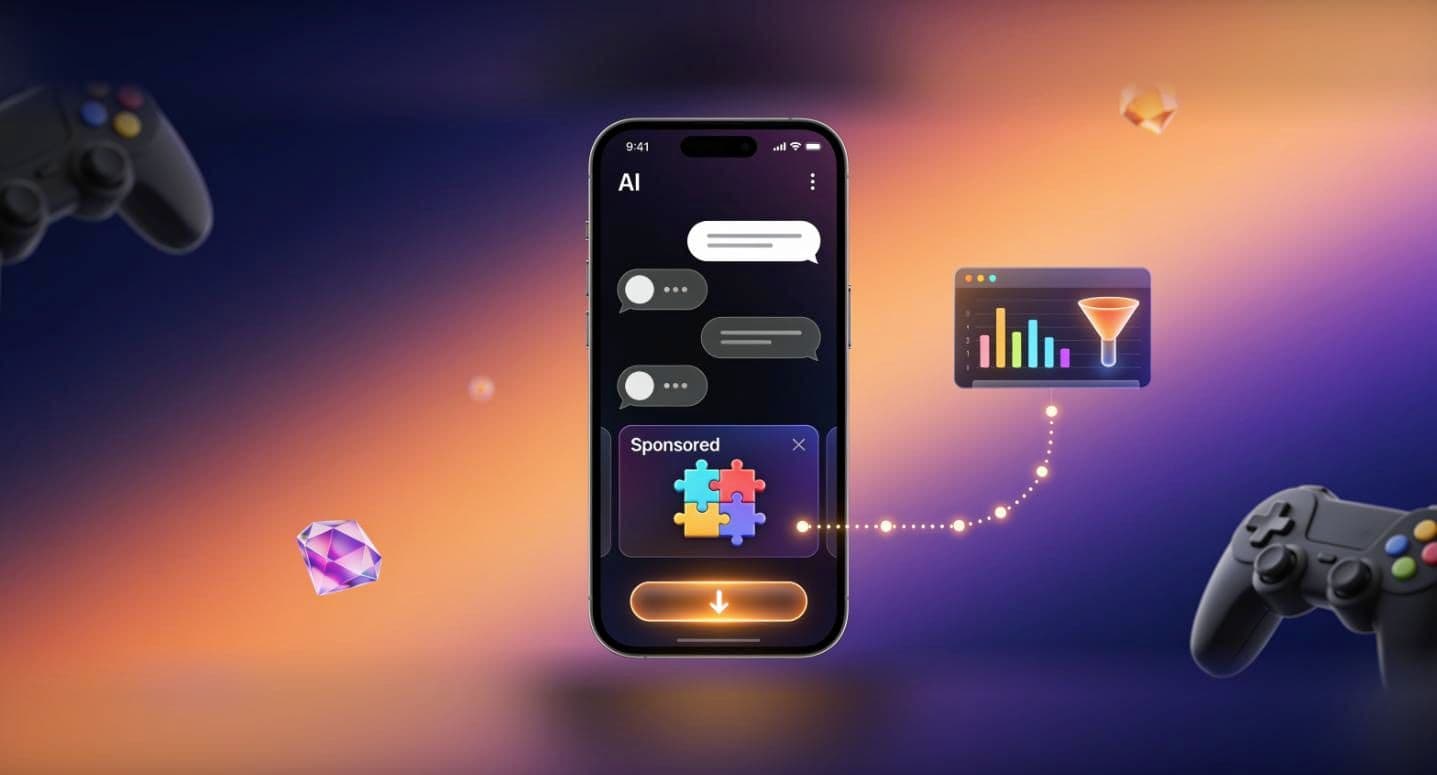 Illustration of a smartphone showing an AI chat with a sponsored puzzle game card and download button, linked to an analytics dashboard