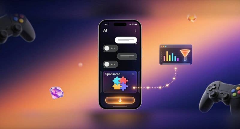 Illustration of a smartphone showing an AI chat with a sponsored puzzle game card and download button, linked to an analytics dashboard