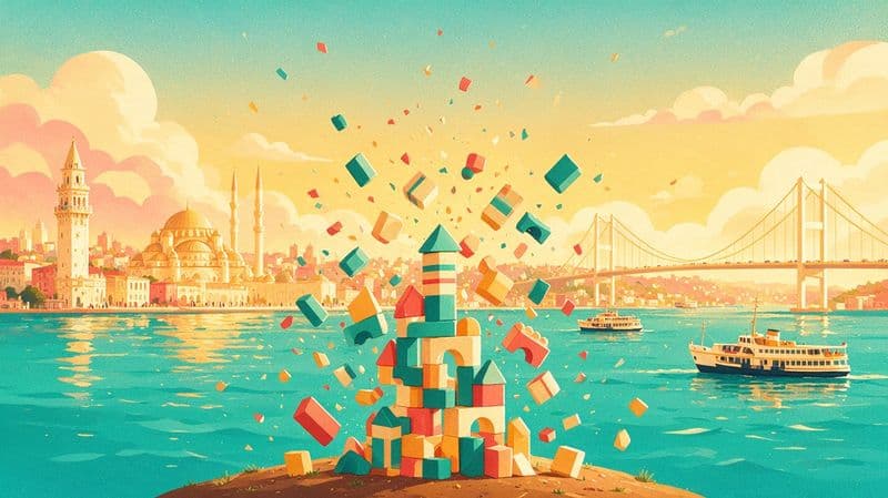 Flat illustration of Istanbul at golden hour with a toy-block tower exploding in the foreground