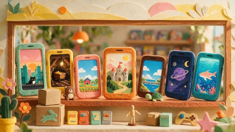 Paper-craft shop window with seven felt-framed phones showing different indie game worlds