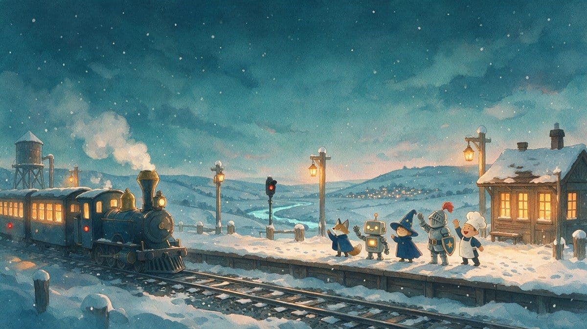 Watercolor scene of small cartoon adventurers waving goodbye to a departing steam train on a snowy platform at dusk