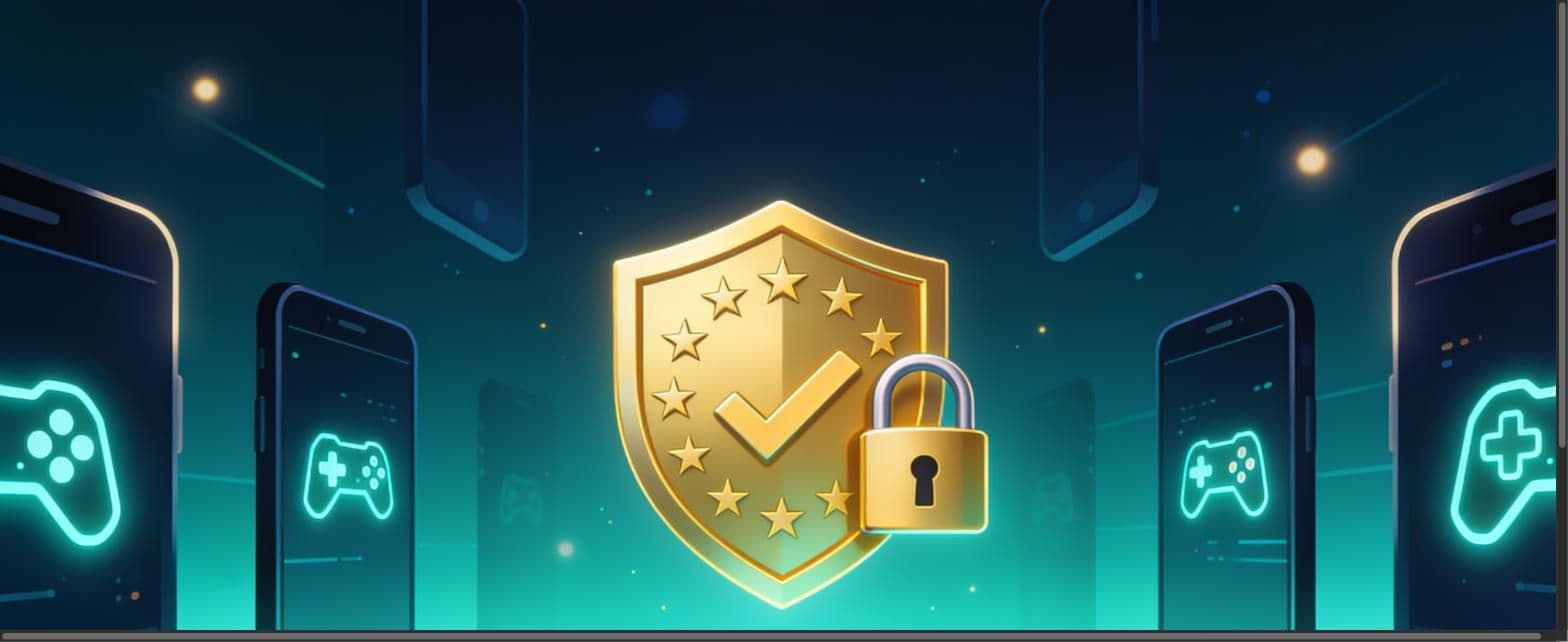 Illustration of a golden EU stars shield with a checkmark and padlock, surrounded by mobile phones showing game controller icons, representing the EU Kids Act's age verification and game regulation requirements