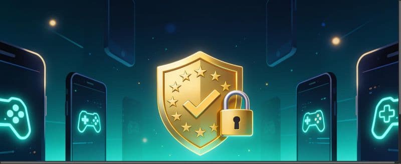 Illustration of a golden EU stars shield with a checkmark and padlock, surrounded by mobile phones showing game controller icons, representing the EU Kids Act's age verification and game regulation requirements