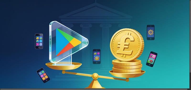 Illustration of a Google Play icon balanced on a scale against a British pound coin, symbolizing Google's £260 million UK Play Store settlement