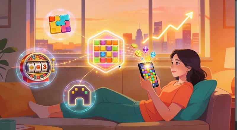 Illustration of a woman relaxing on a sofa playing a hybrid-casual block puzzle game on her phone, with glowing icons of merging casual game genres and a rising revenue chart behind her