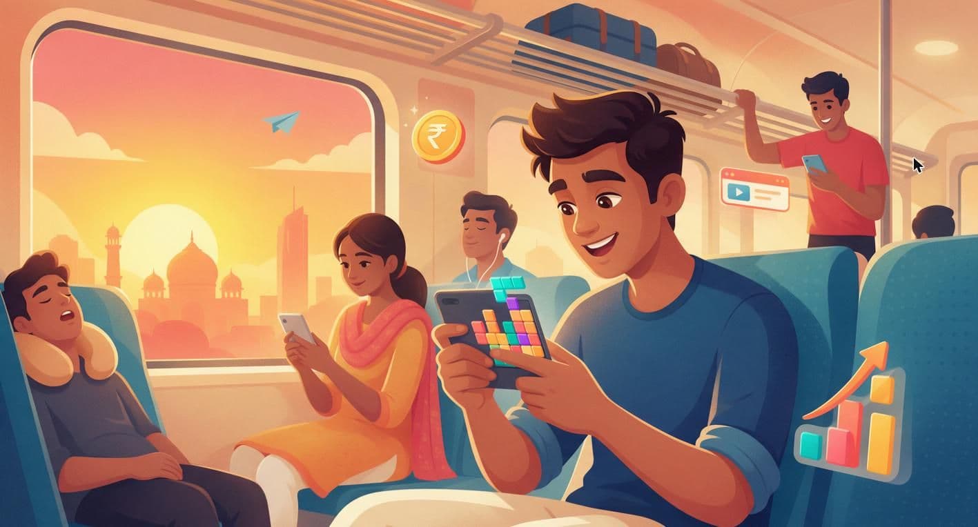 Illustration of a young man playing a colorful puzzle game on his phone during his commute on an Indian train, with icons for ads, rupees, and growth floating nearby
