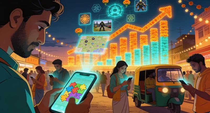 Illustration of young people on a lively Indian street at dusk playing puzzle and strategy games on glowing smartphones, with a rising chart of marigold lights behind them