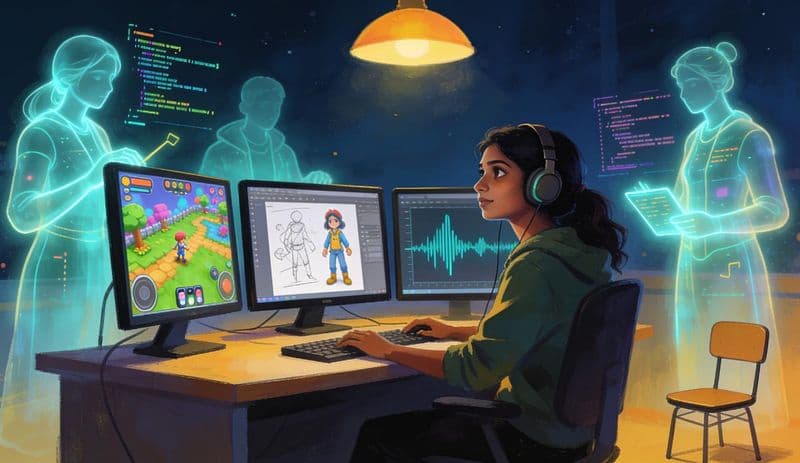 Illustration of a solo game developer at night working at three monitors, helped by glowing translucent AI assistant figures, with an empty chair beside her desk
