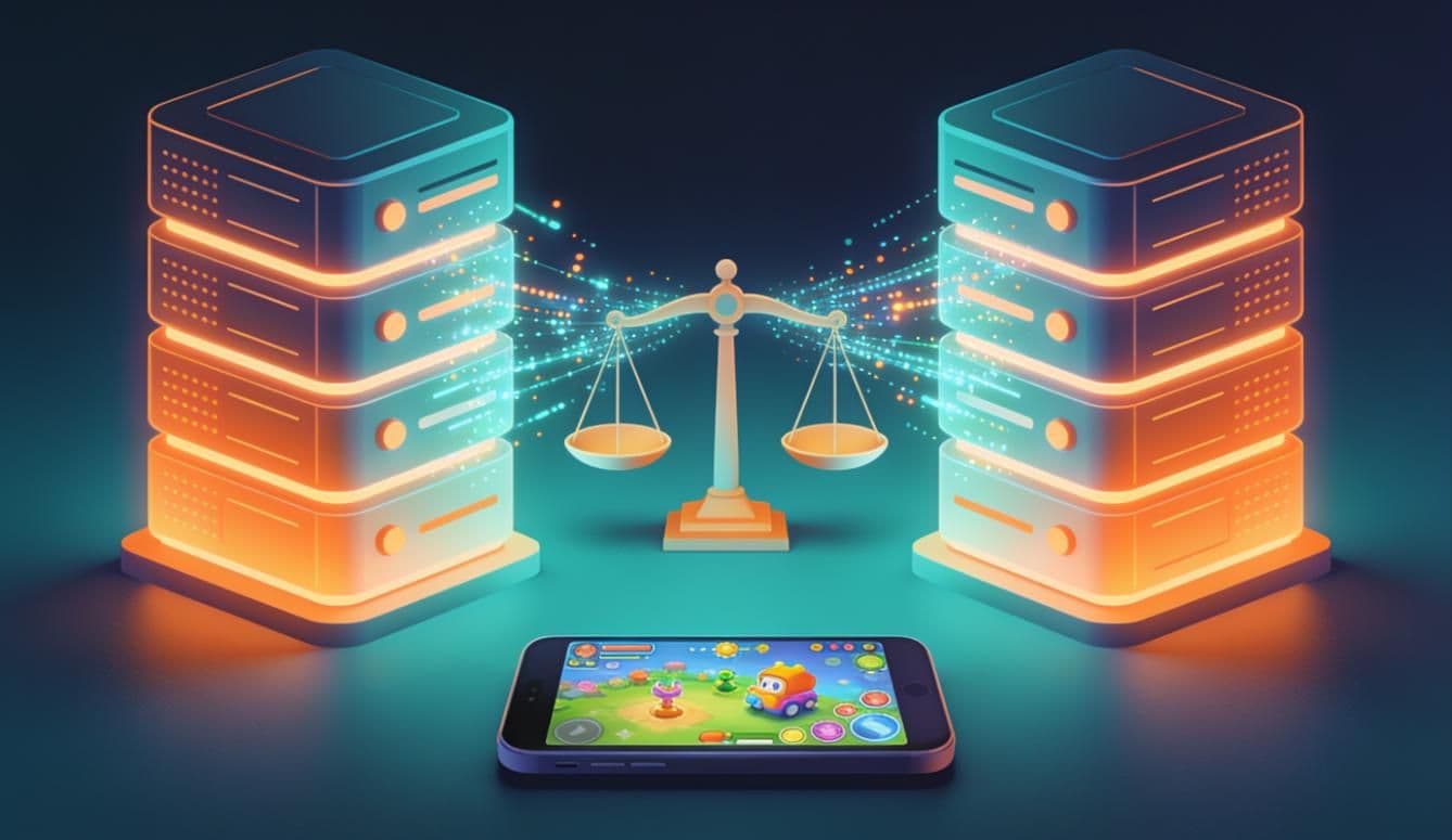 Illustration of two glowing server towers on either side of a balance scale with a mobile game on a phone in front
