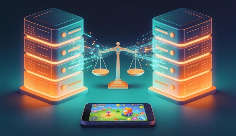 Illustration of two glowing server towers on either side of a balance scale with a mobile game on a phone in front
