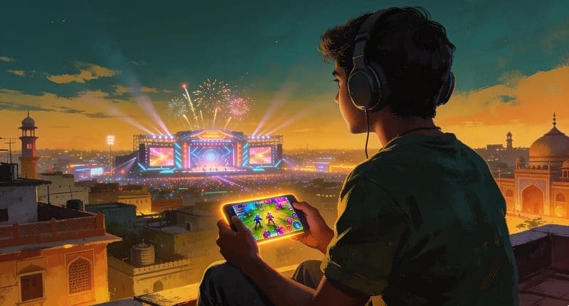 Illustration of a young Indian gamer on a city rooftop at dusk holding a glowing smartphone, looking toward a distant esports arena lit with stage lights and fireworks