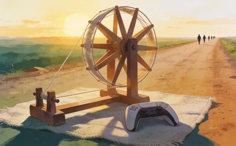 Illustration of a wooden charkha spinning wheel and a game controller on a cotton mat at sunrise, with a line of distant walkers on a long dusty road