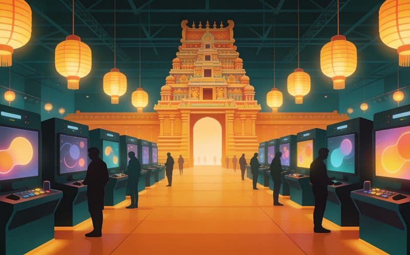 Illustration of a game conference hall with demo stations and lanterns in front of a South Indian temple-style gateway