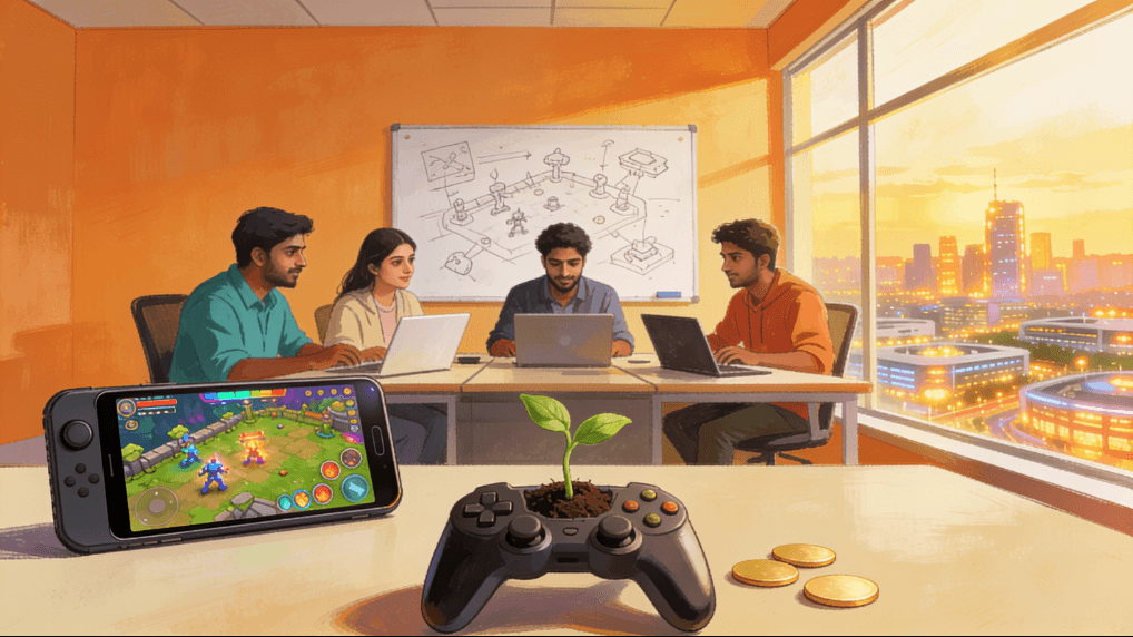 Illustration of four young Indian game developers working at laptops in a Bengaluru startup office at golden hour, with a budget Android phone running a game and a seedling growing from a game controller