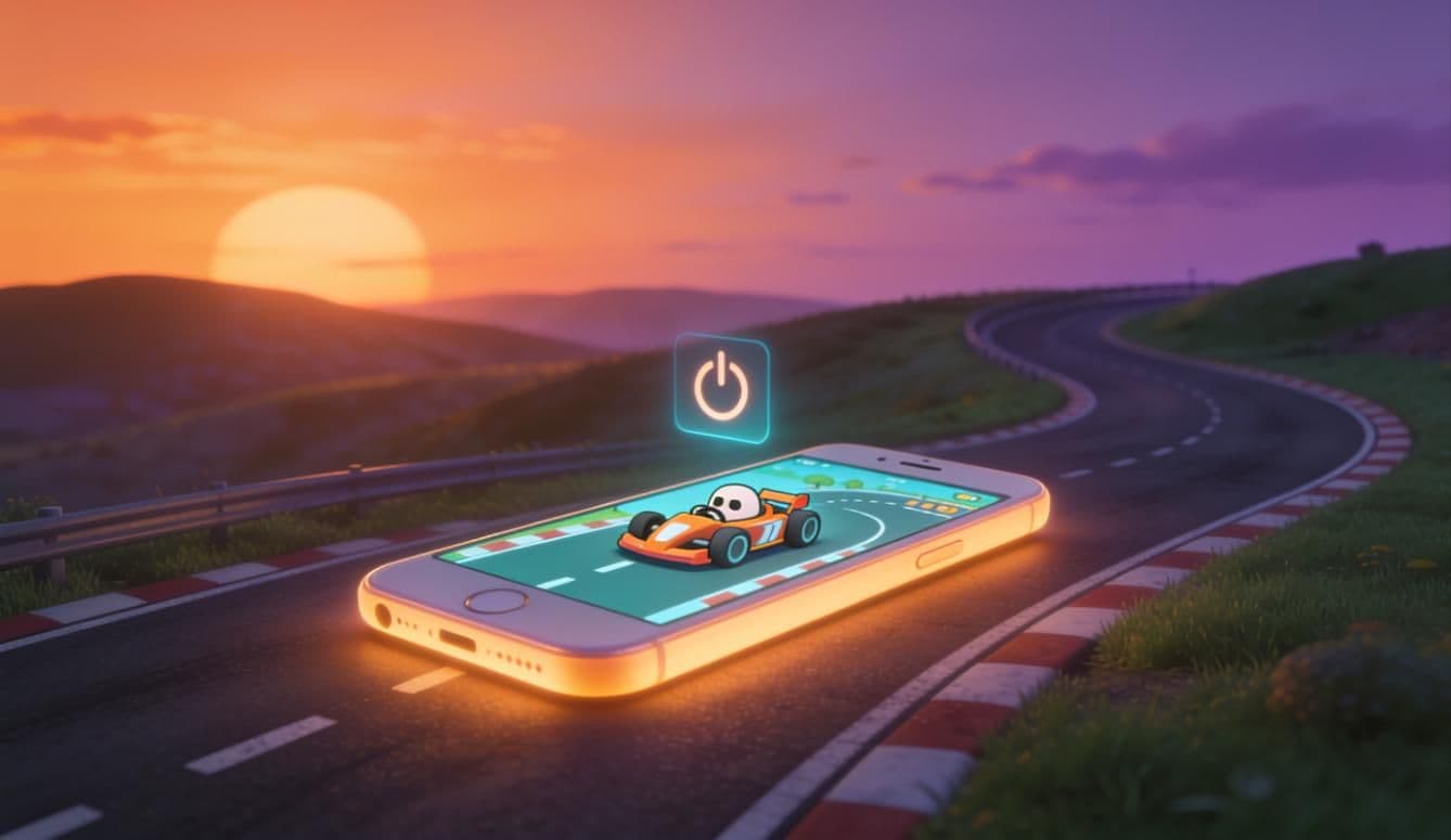 A glowing smartphone showing a cartoon kart game on a winding road at sunset with a power-off icon above it