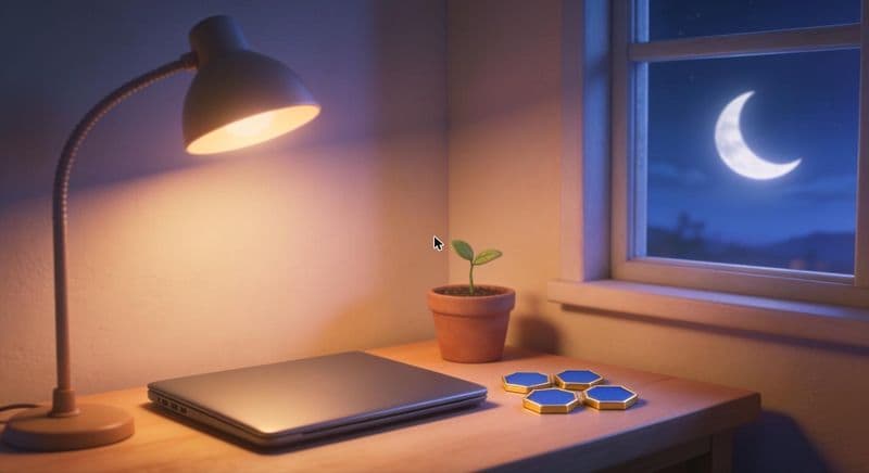 A closed laptop, glowing desk lamp, and a small sprouting plant beside a window with a crescent moon