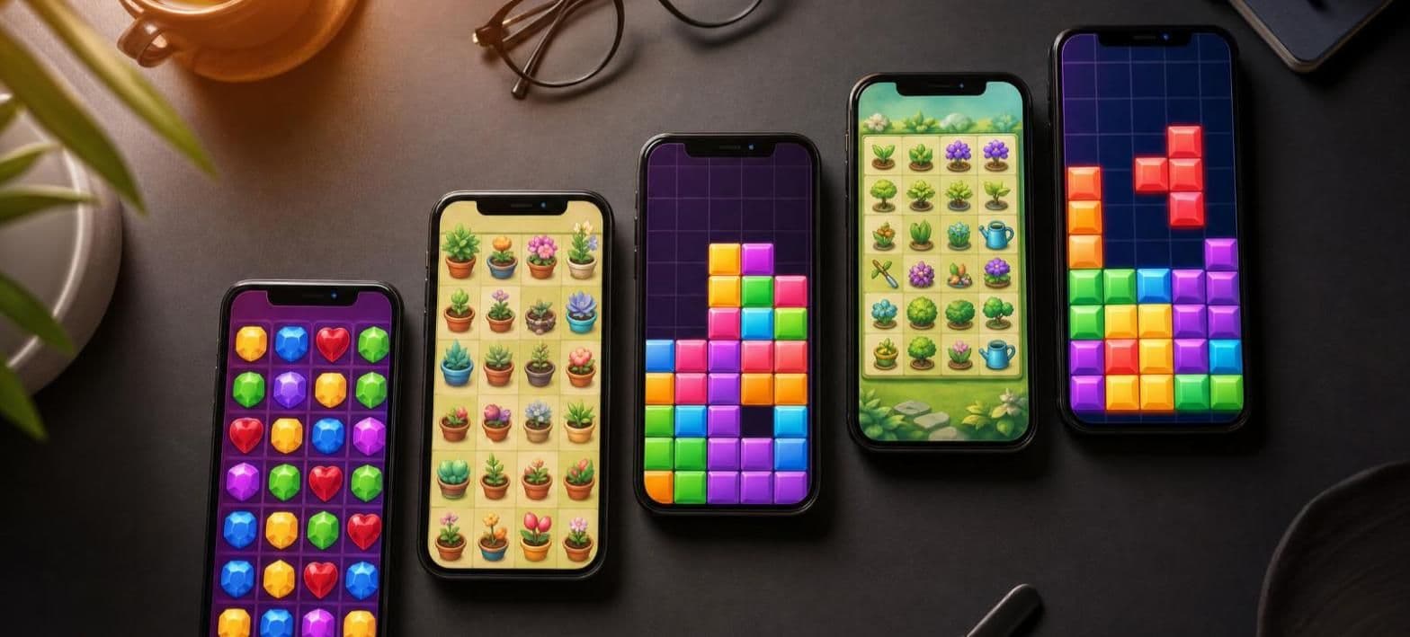 Five smartphones on a desk showing colorful match-3, merge garden, and block puzzle mobile games