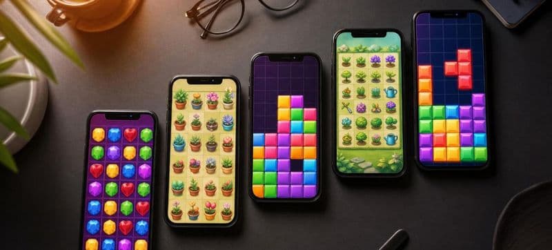 Five smartphones on a desk showing colorful match-3, merge garden, and block puzzle mobile games