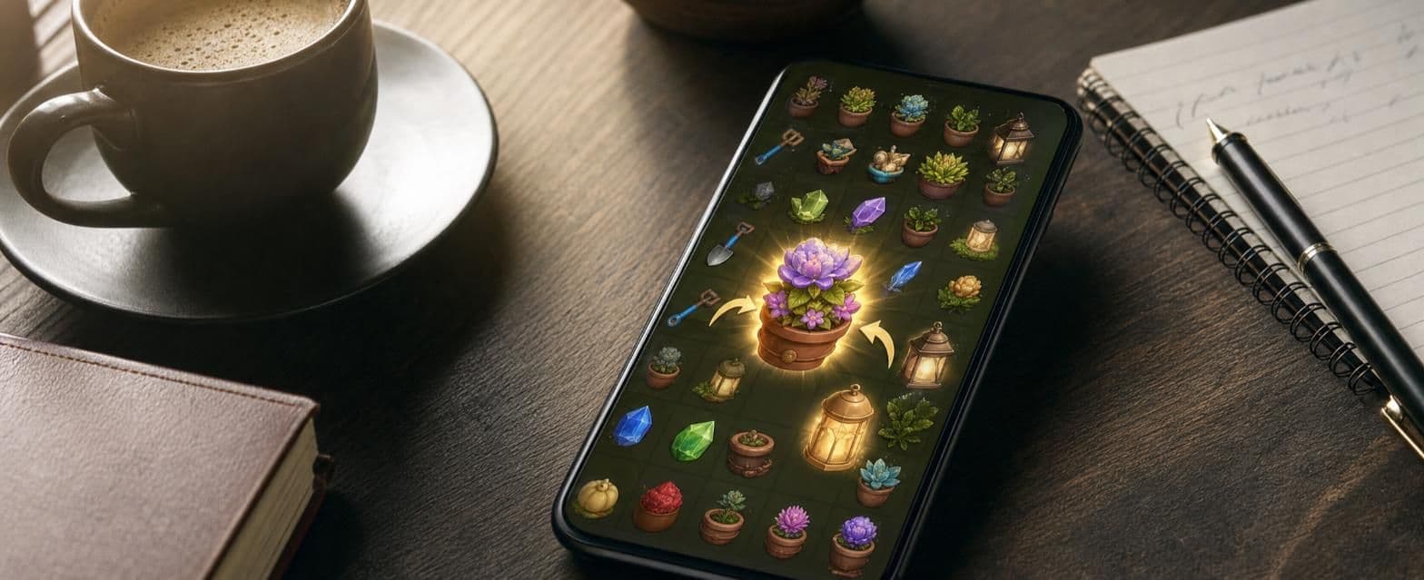 Smartphone on a wooden desk showing a merge puzzle game with glowing plants and lanterns, beside a coffee cup and notebook