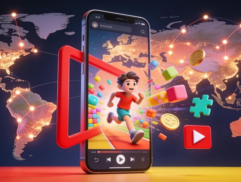 Illustration of a smartphone with a video player screen, a cartoon runner character bursting out of it with colorful blocks, coins and puzzle pieces, in front of a glowing world map